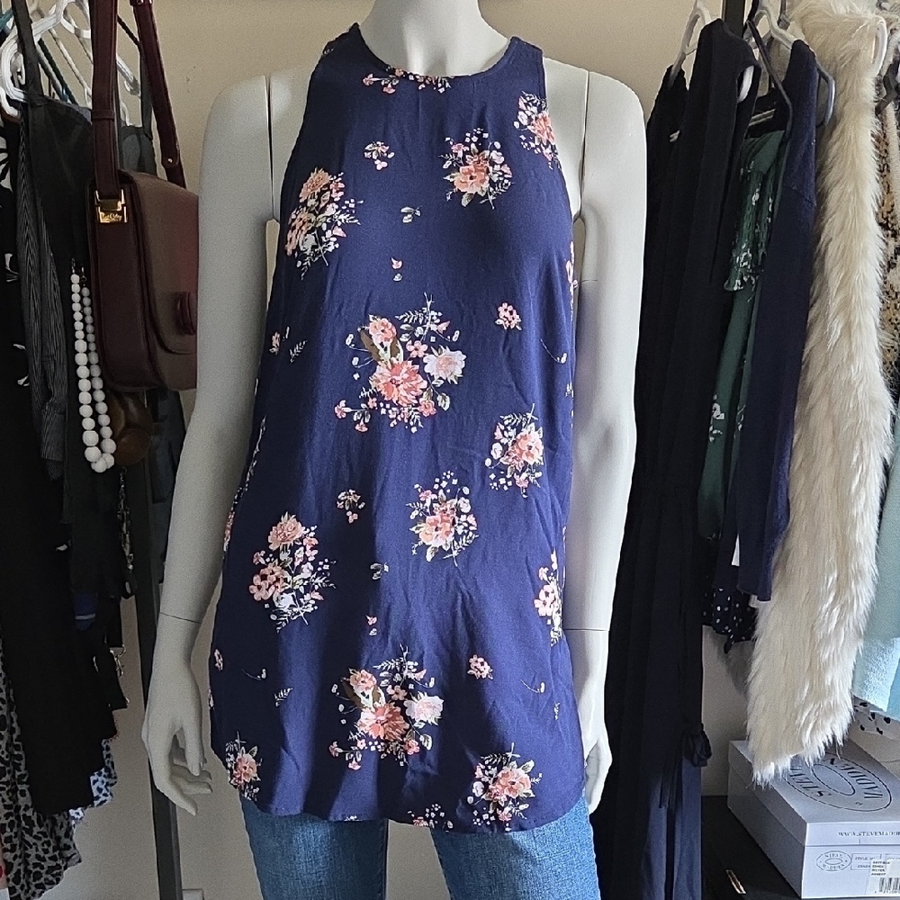 NWT Simons Twik Sleeveless Navy with Pink Floral Tunic Top